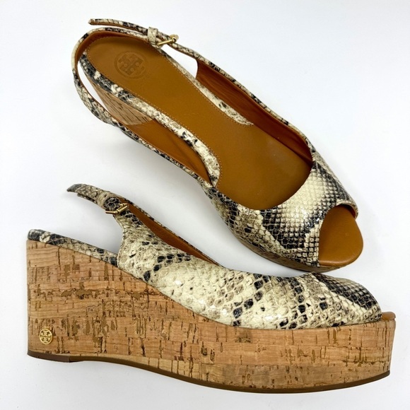 Tory Burch Rosalind Snakeskin Embossed Leather Cork Platform Wedge Sandals - Picture 2 of 11